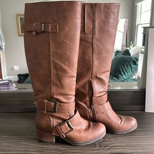 Vegan leather brown calf height boots with buckles